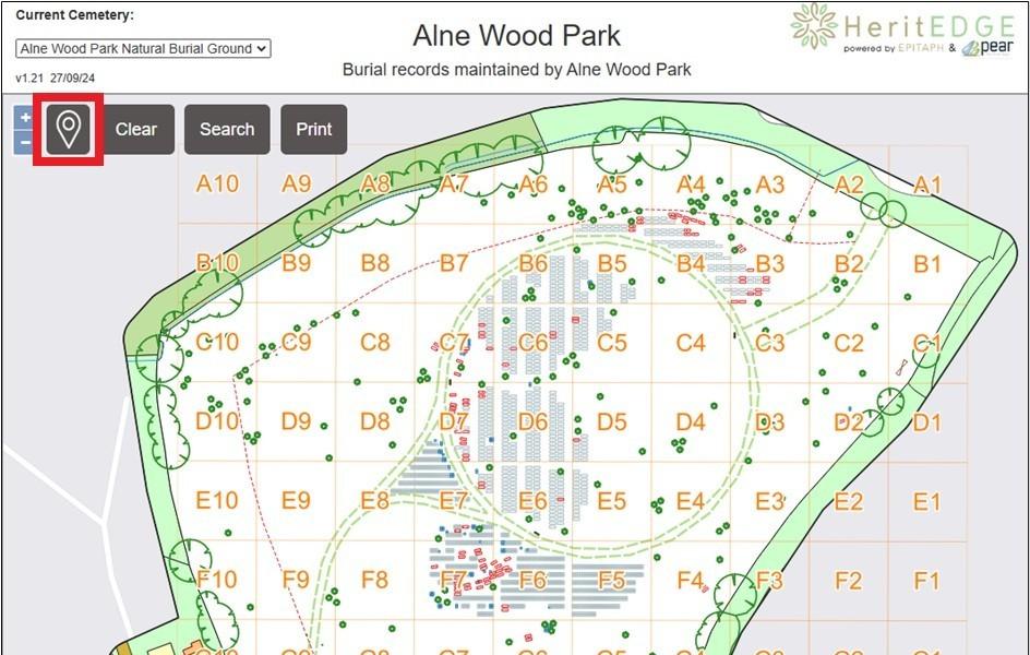 Image of the Alne Wood Park digital map - showing Location icon