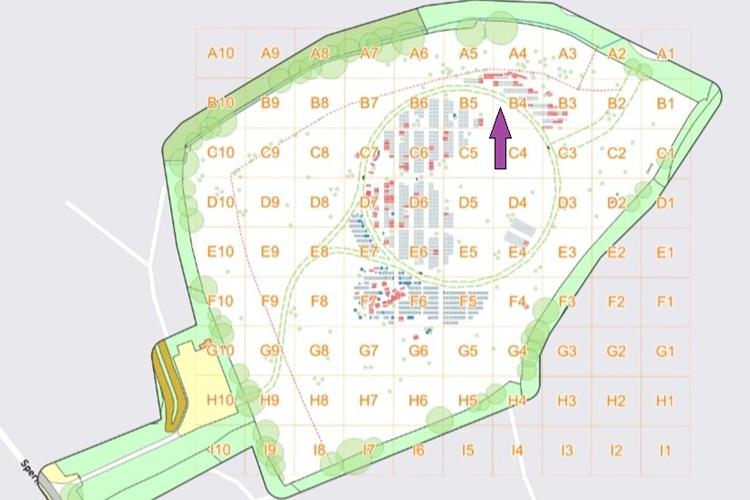 Map of burial ground indicating bench location with an arrow